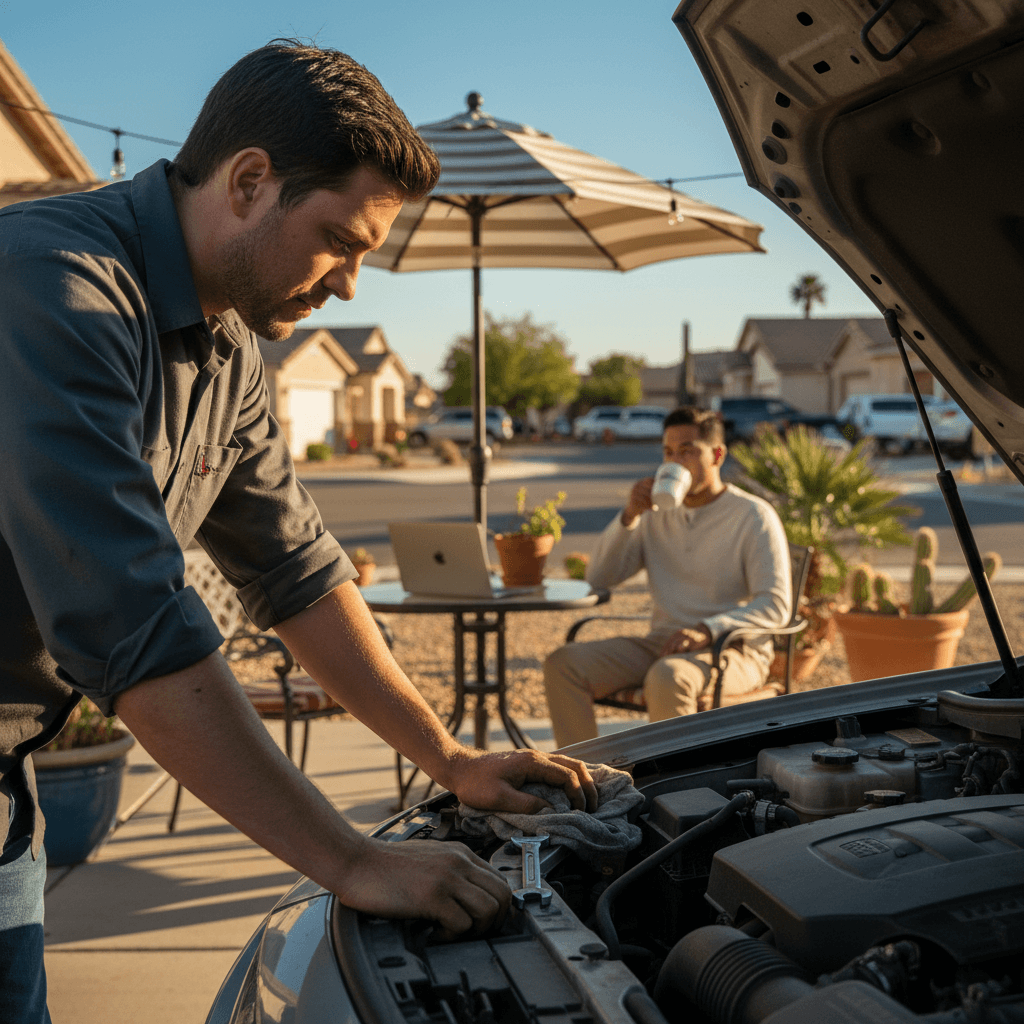 Customer working on laptop while mechanic repairs their vehicle nearby