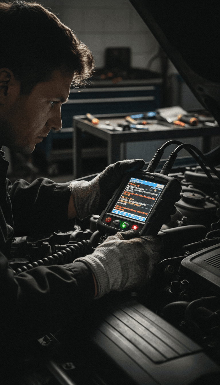 Mobile mechanic performing vehicle diagnostic check with scan tool