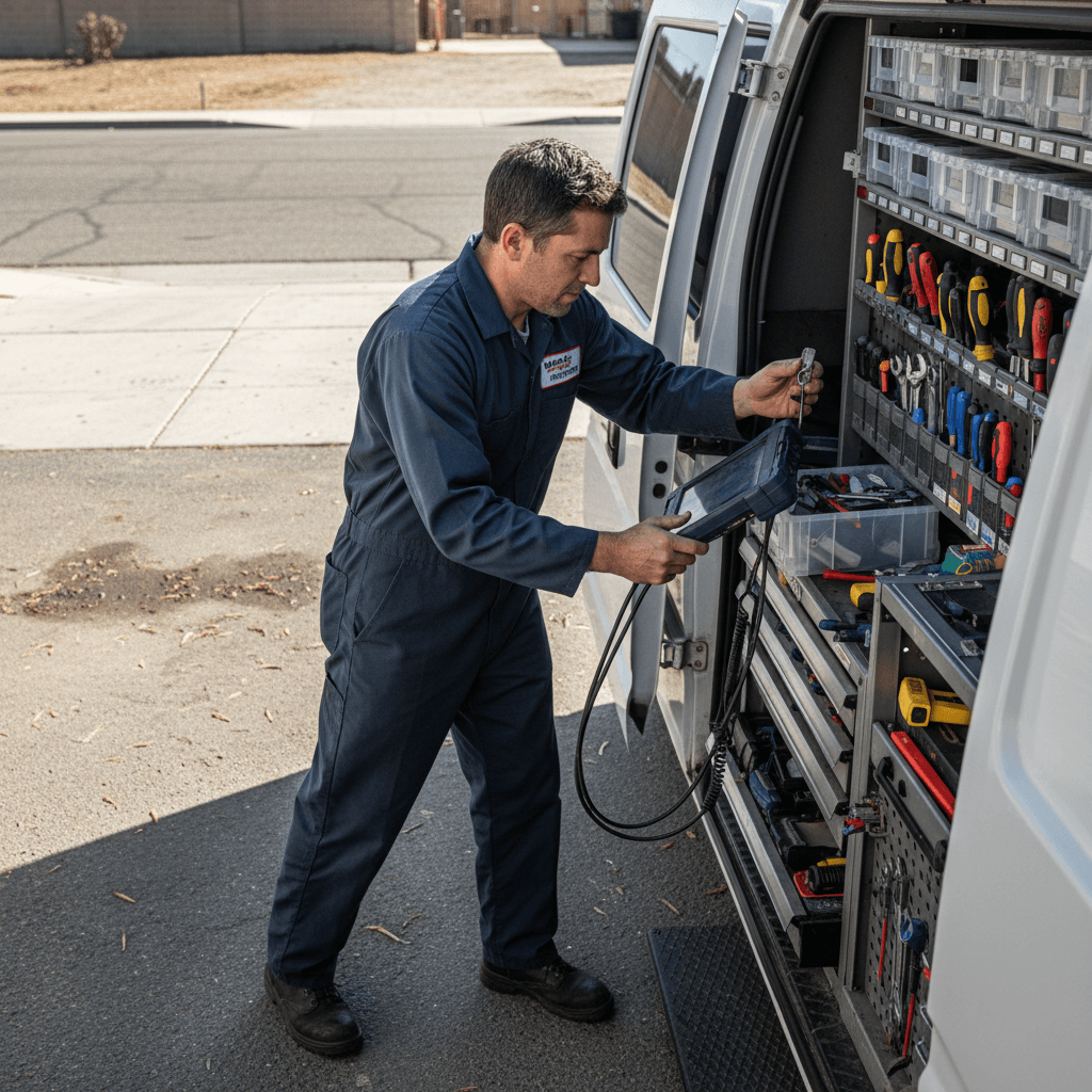 Mobile mechanic grabbing diagnostic tools from organized service van for urgent repair