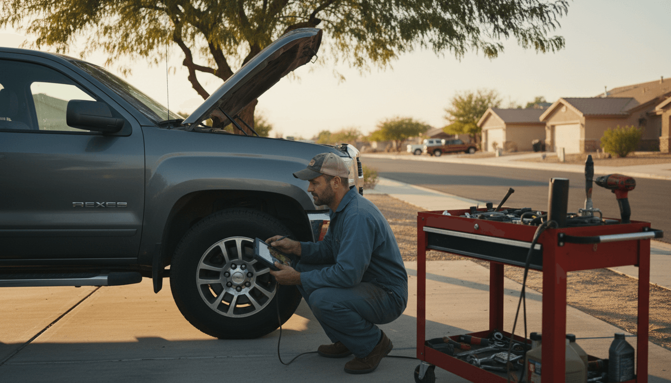 Mobile mechanic performing diagnostic work on vehicle engine