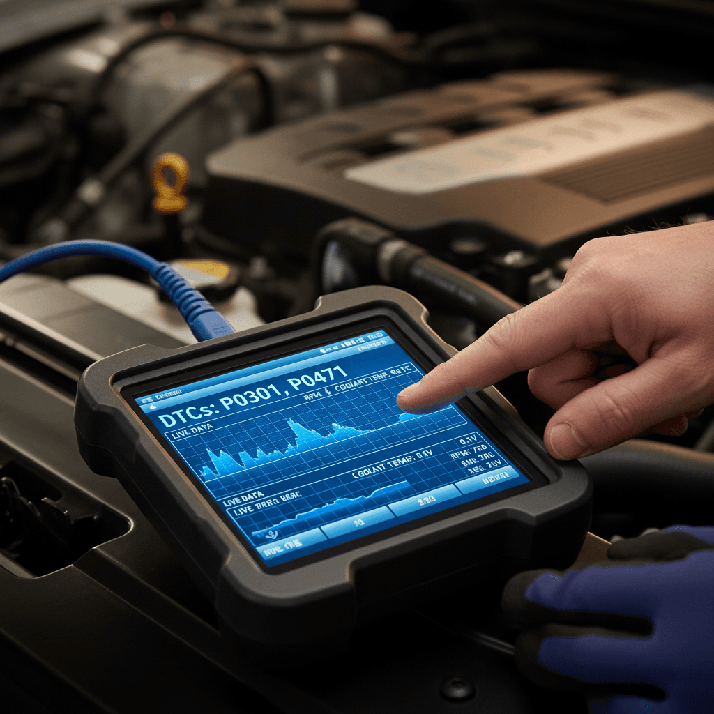 Professional diagnostic scanner displaying vehicle engine diagnostics and fault codes