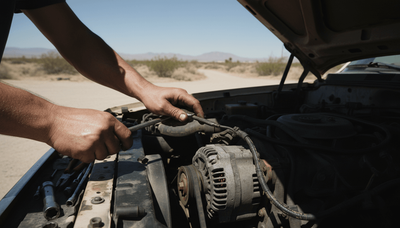Mobile mechanic working on vehicle engine at customer location