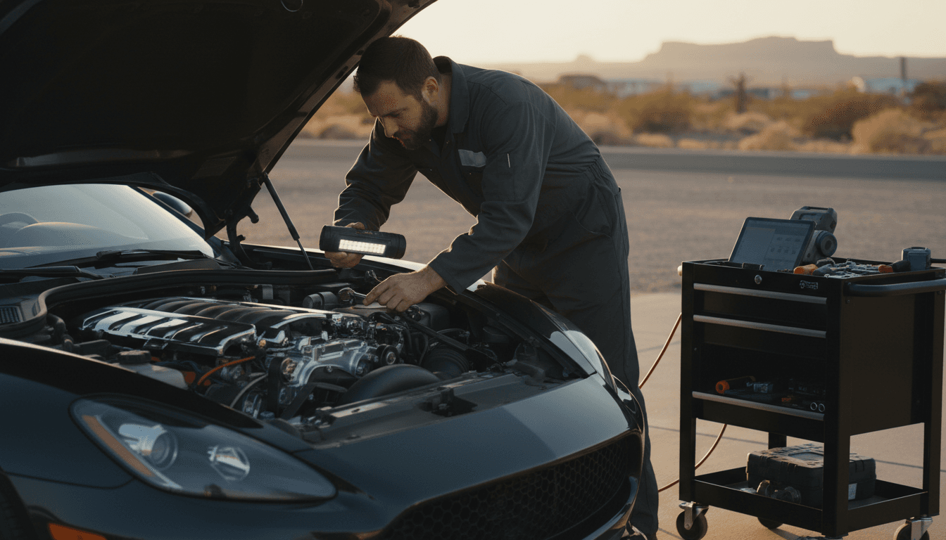 Mobile mechanic performing engine diagnostic on customer vehicle in Barstow
