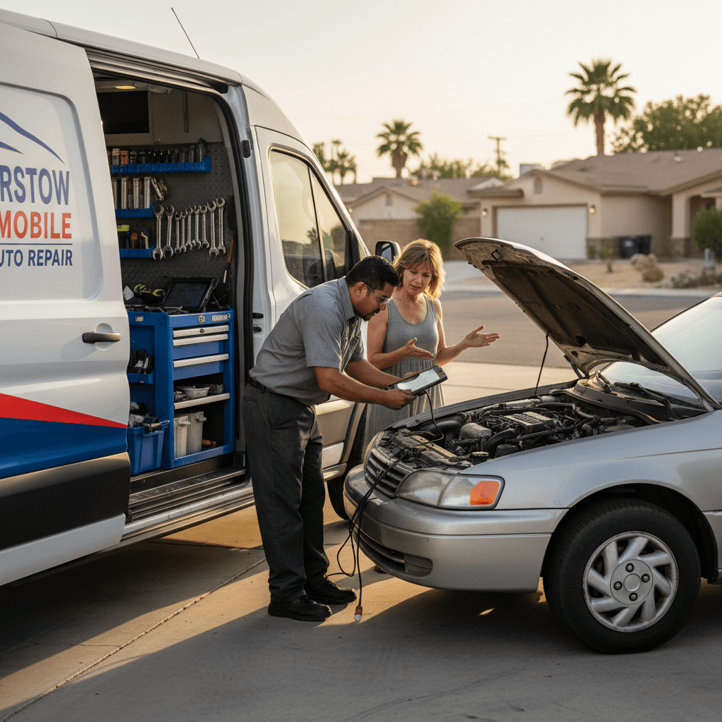 Mobile mechanic performing engine repair on customer's vehicle in Barstow driveway