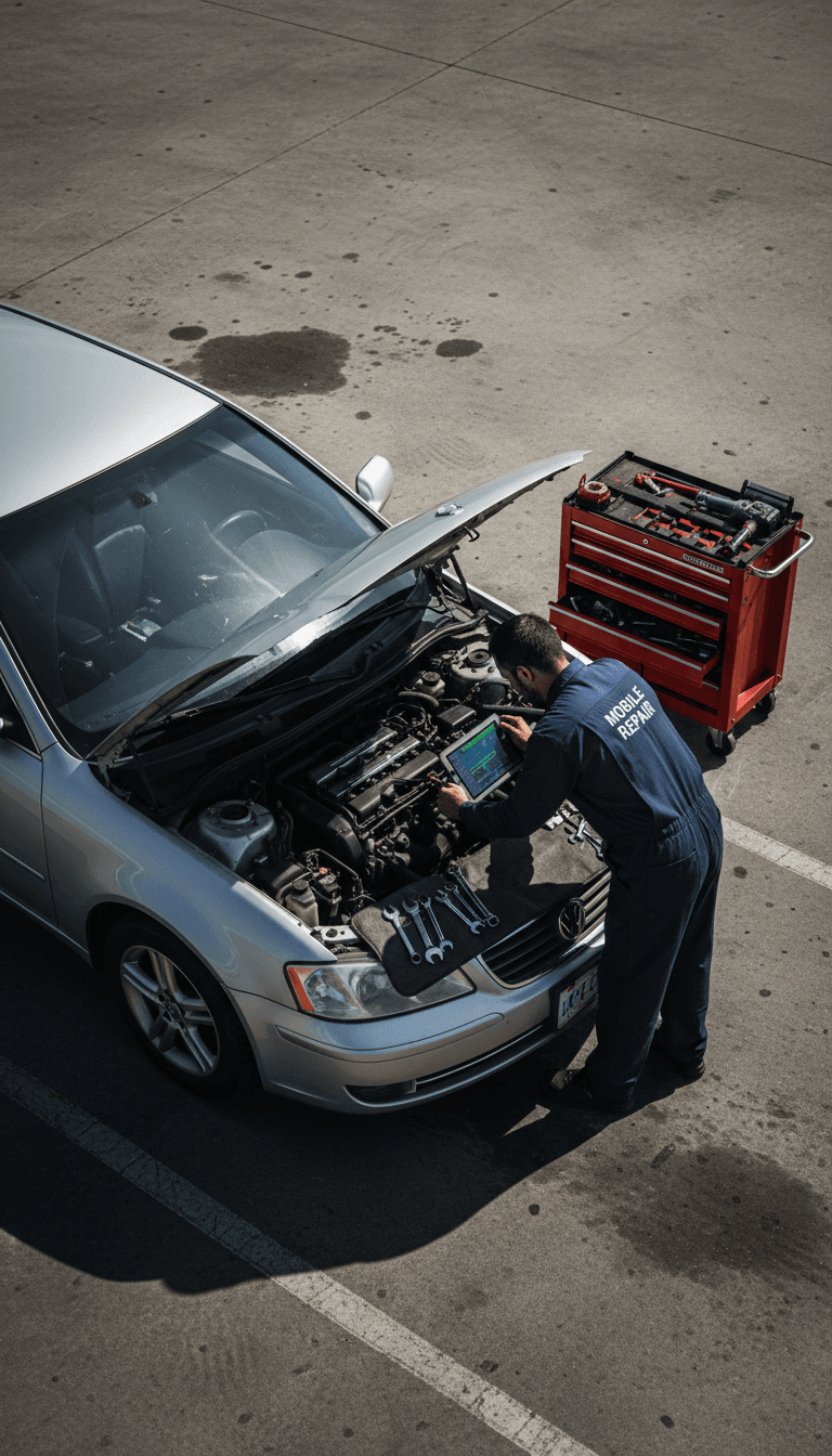 Mobile mechanic performing on-site vehicle diagnostics